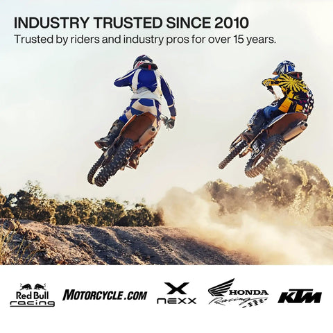 Two motocross riders jumping over a dirt hill, highlighting Moto Pro Motorcycle Ear Plugs For Wind Noise Reduction With High Fidelity Filter.