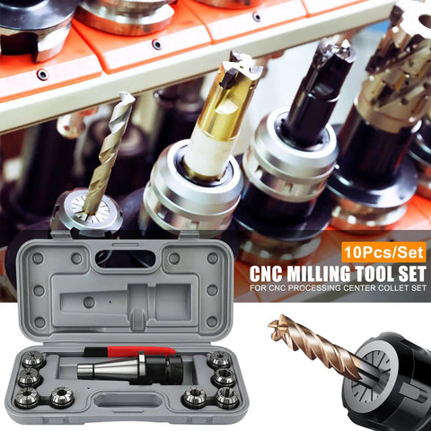 Durable NT40 ER32 CNC Milling Chuck Holder with 8 ER32 Collets and Wrench in kit with CNC machining centers in background, 10 piece set.