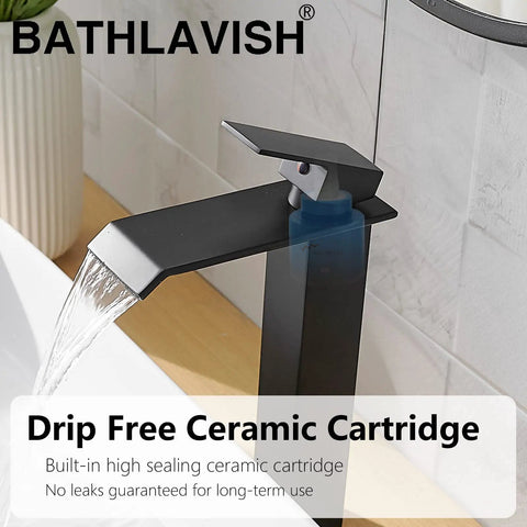 Matte Black Vessel Sink Faucet Solid Brass Tall Waterfall Style For Single Hole Sinks Modern Vanity Bath RV With Pop Up Drain Easy Install