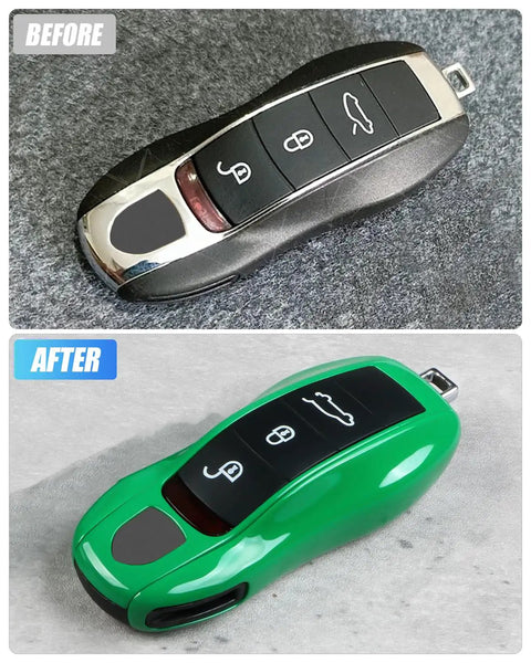Before and after of Porsche key with Giant Python Green Porsche Key Case and Cover for Macan Cayenne 718 Cayman Panamera 911 Boxster.