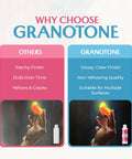 Comparison chart of Granotone varnish vs others showing glossy, non-yellowing finish; Crystal Clear Acrylic Varnish With Ultra High Gloss Finish, 3.38 Fl Oz, Non Yellowing And Non Toxic, Anti Crazing Protection For Pro And Hobby Artists, Perfect For Paintings, Crafts, And Studio Projects.