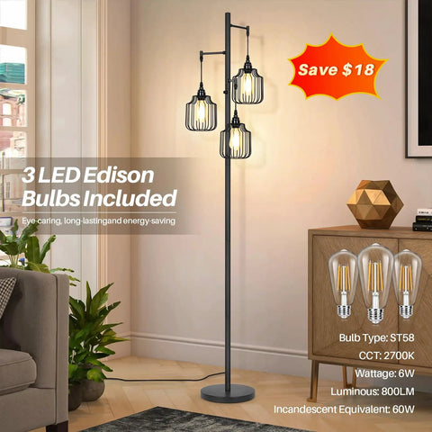 Dimmer Floor Lamp With 3X 800LM LED Edison Bulbs, Tall Standing Corner Lamp In Farmhouse Black, Industrial Rustic Vintage Tree Pole Light With Cage, Perfect For Living Room, Bedroom And Office To Set The Vibe