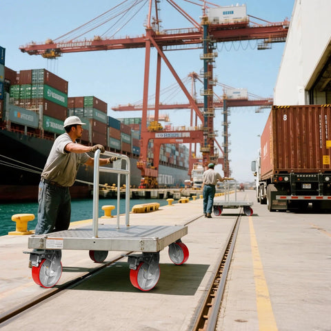 Workers pushing platform trucks on Heavy Duty 6X2 Inch Caster Set Of 4 With Polyurethane Treads And Cast Iron Cores, 5000 lb Capacity