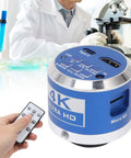 4K HDMI Microscope Camera With Remote Control For Crisp Photo And Video Capture In Lab And Industry High Sensitivity CMOS Sensor 3840 By 2160 Resolution 30fps Easy USB CS Interface Ideal For Research And DIY Makers, blue unit with remote