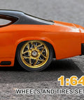 Five Pack One Sixty Fourth Scale Wheels And Tires Set with gold rim on orange diecast car, 1:64 scale model