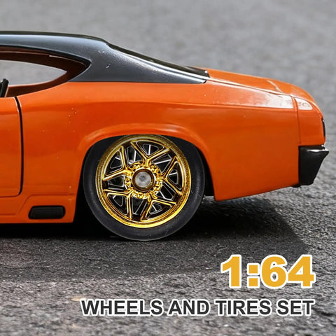 Five Pack One Sixty Fourth Scale Wheels And Tires Set with gold rim on orange diecast car, 1:64 scale model