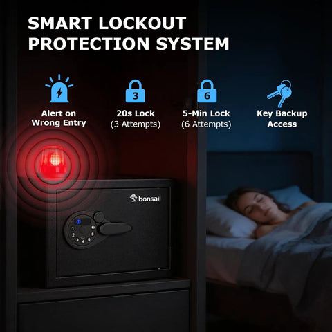 Biometric Safe Box With Fingerprint Lock And Electronic Keypad, lockout protection system, in bedroom, 9.84x13.78x9.84 inches