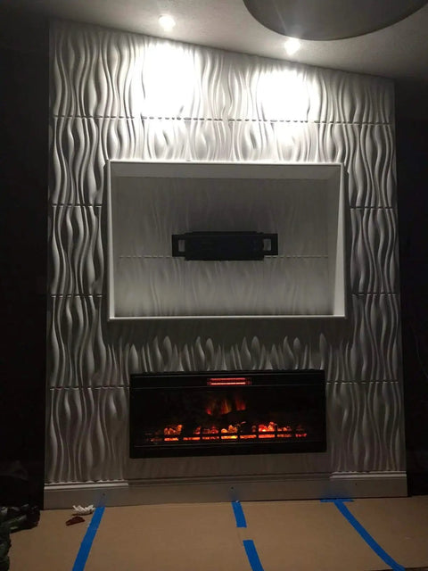 Textured 3D PVC Wave Wall Panels Matte White 19.7 Inch Square Tiles 12 Pack for Living Room Backdrop around a fireplace