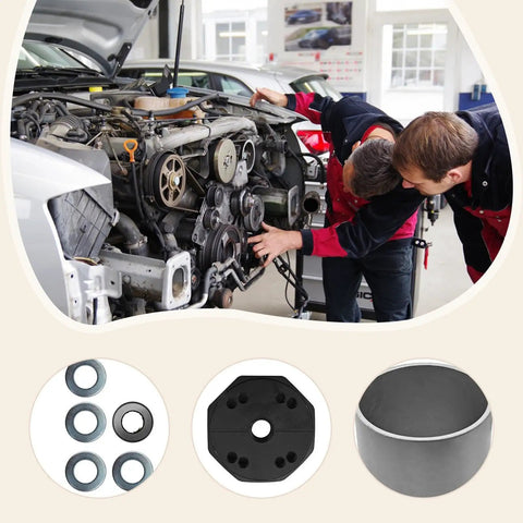 Two mechanics inspecting a car engine with Tough As Nails Car Bushing Installer Set Professional Metal Sleeve Press Kit nearby.