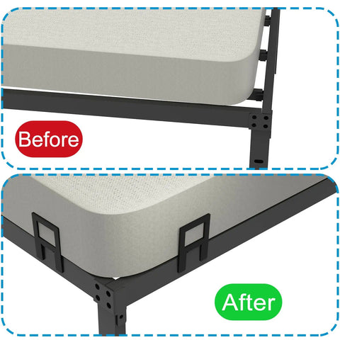 Before and after comparison of Heavy Duty Metal Mattress Holders For Bed Frame Anti Slip Slide Stops on a bed frame.