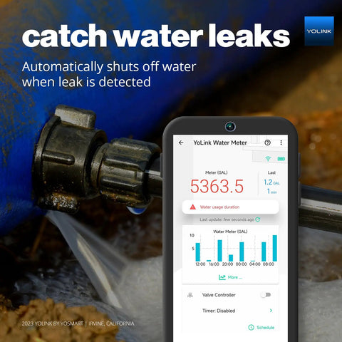 FlowSmart 0.75 Inch Smart Home Water Meter With Leak Detection And Real Time Usage Alerts No Hassle Hub Included For Easy Remote Monitoring And Detailed Water Consumption Reports, leak shutoff display