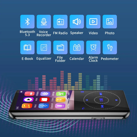 64GB Bluetooth 5.3 MP3 Player with Built In Speaker and 2.4 Inch Screen showcasing app icons and music equalizer display