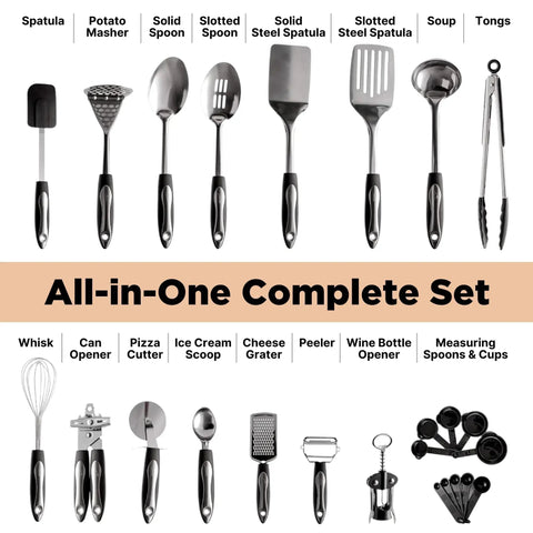 25-Piece Stainless Steel Kitchen Utensil Set With Nonstick Ready Tools Rust-Resistant And Dishwasher Safe Durable Cookware