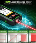 Straight Up Heavy Duty Wall Scanner And Dead On Stud Finder With Built In 120 Meter Laser Tape Measure For Spotting Wood Metal Ac Wiring Plus Rebar Zero Hassle Setup Fast Rechargeable Battery And Sharp Color Display showing a laser distance meter in action with measurement options.