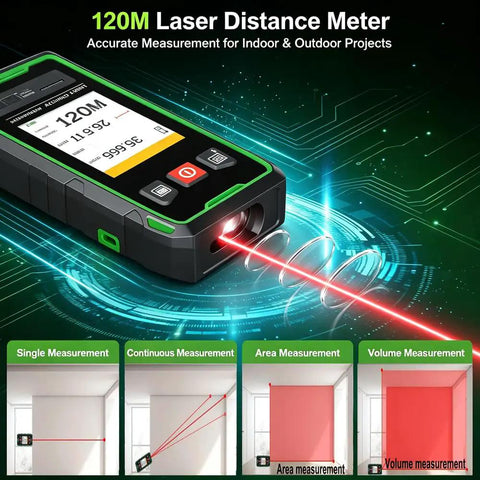 Straight Up Heavy Duty Wall Scanner And Dead On Stud Finder With Built In 120 Meter Laser Tape Measure For Spotting Wood Metal Ac Wiring Plus Rebar Zero Hassle Setup Fast Rechargeable Battery And Sharp Color Display showing a laser distance meter in action with measurement options.