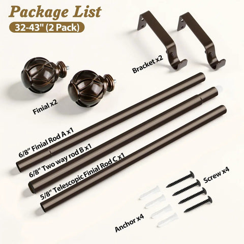 2 Pack Adjustable Curtain Rods 28 To 48 Inch Telescoping Drapery Rods With Netted Texture Finials In Antique Bronze For Windows 16 To 44 Inches Heavy Duty No Fuss Install, showing full package with rods, finials, brackets, screws, and anchors.
