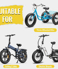 Image showing three bicycle types suitable for 20x3.0 Inch Foldable Fat Bike Tire Replacement For E Bike And MTB On Road And Off Road.