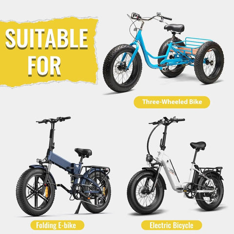 Image showing three bicycle types suitable for 20x3.0 Inch Foldable Fat Bike Tire Replacement For E Bike And MTB On Road And Off Road.