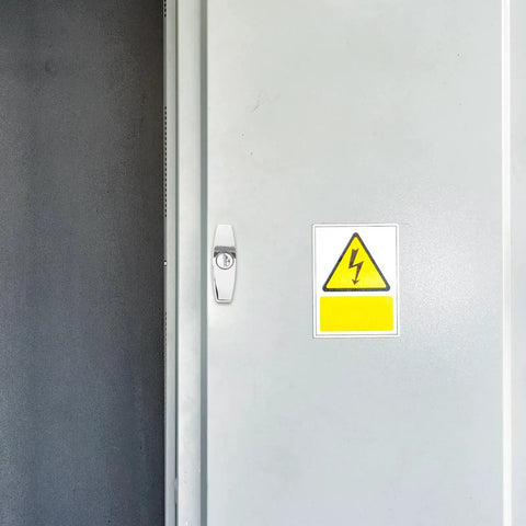 Two Pack Zinc Alloy RV Cabinet Locks With Keys on storage door, sleek silver design, shown installed with safety sign on door.