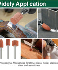 48Pcs Aluminum Oxide Mounted Grinding Stone Bits Set With One Eighth Inch Shanks Includes Bullet Cylinder And Flat Head Shapes For Rotary Tools Pro Grade Heavy Duty Deburring Polishing And Finishing Wood Plastic And Soft Metals used on metal, wood, and stone surfaces.