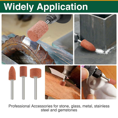 48Pcs Aluminum Oxide Mounted Grinding Stone Bits Set With One Eighth Inch Shanks Includes Bullet Cylinder And Flat Head Shapes For Rotary Tools Pro Grade Heavy Duty Deburring Polishing And Finishing Wood Plastic And Soft Metals used on metal, wood, and stone surfaces.