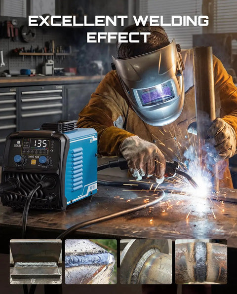Welder using the 135A MIG Welder 110V 3 In 1 Gasless Flux Core Lift TIG Stick Welding Machine Portable Inverter with digital display.