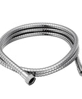 Killer Chrome Finish Handheld Shower Replacement Hose That Gives A Mirror Like Look And Works With Any Decorating Style In Your Pad Featuring 69 Inches Of Tough Metal Double Lock Construction With Half Inch Ips Connection displayed coiled on white background.