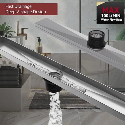 Transform Your Bathroom Game With This Rock Solid 24 Inch Linear Shower Drain Featuring A Brushed Nickel Finish And Serious Flow Capability For Quick Drain Action, showcasing deep V-shape design with flowing water.