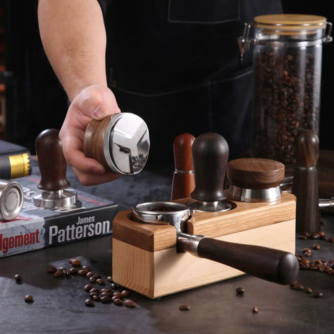 Person using 53mm Espresso Distributor And Pro Grade Adjustable Depth Tamper Leveler With Walnut Wood Handle Fits 54mm Breville Barista Portafilter.