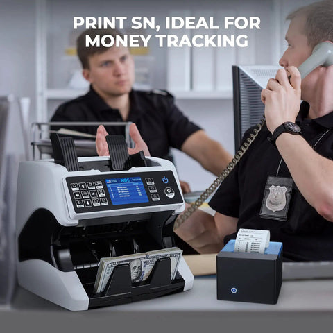 Thermal Printer For Mixed Denomination Money Counters, Plug In And Print Totals By Value And Quantity, Denomination Breakdown And Serial Numbers, Compatible With IMC01 IMC08 Banknote Counters, Fast Receipt Printing, shown in use next to a money counter in an office setting.