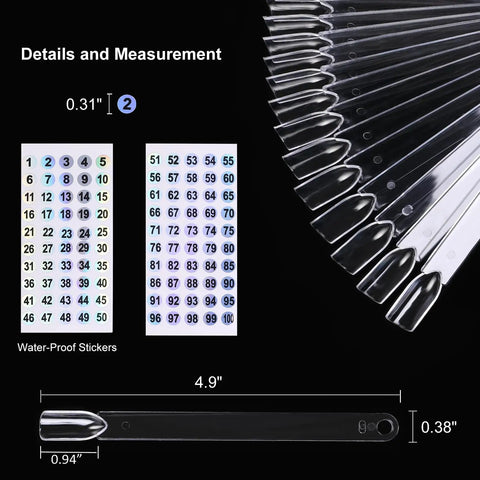 Clear Nail Swatch Sticks Kit with holographic number stickers 1-100, details of transparent sticks and dimensions shown.