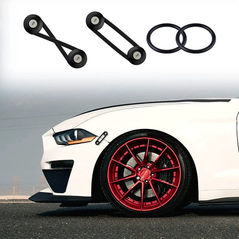 Close-up of Universal Car Bumper Quick Release Kit 18 Piece Set In Black with quick release tabs and O-rings installed on a white car.