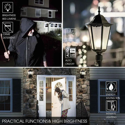4 Pack Dusk To Dawn LED Bulbs for Outdoor Use 60W Equivalent showcasing brightness and auto on/off in porch and street settings