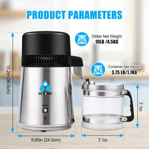 Heavy Duty Stainless Steel Water Distiller For Home Countertop; 15.2in tall, 9.65in wide; 4 liter vessel; designed for safe water distillation.