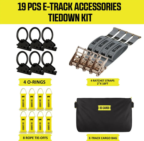 Heavy Duty E Track Tie Down Kit With Four 2x16 Ratchet Straps Eight Tie Offs Six O Rings And One E Track Cargo Bag components