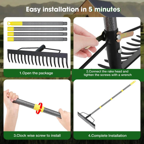 Heavy Duty Bow Rake With 17 Tines 17 Inch Wide Garden Rake Adjustable Length 35 To 67 Inches Manganese Steel Handle installation steps