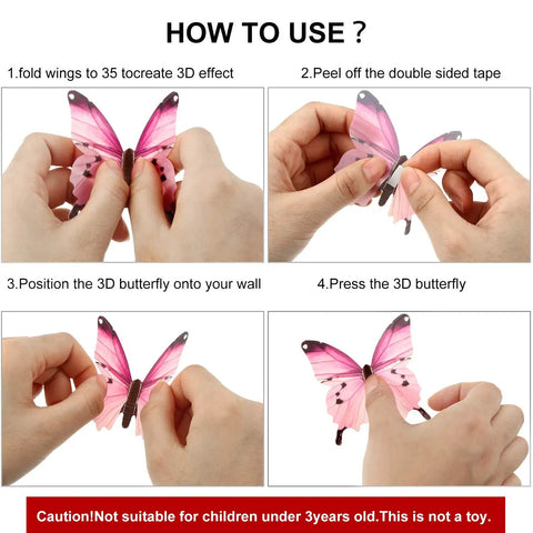 Hands demonstrating application of 96 Pcs 3D Glow In The Dark Butterfly Wall Decor Removable Stickers with adhesive for walls.