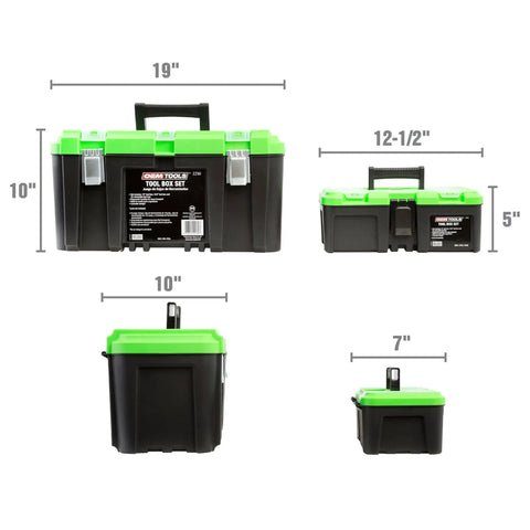 Dual Tool Box Set With 19 Inch And 12.5 Inch Plastic Portable Boxes showing dimensions and green lids.