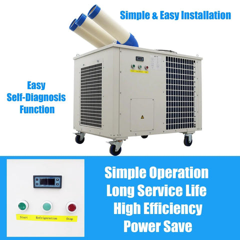 Ready To Roll 220V Industrial Portable Air Conditioner featuring three adjustable air outlets and smooth swivel wheels, designed for easy installation.