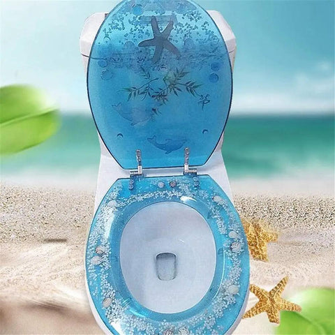Heavy Duty Resin Toilet Seat With Lid Boasting Vivid 3D Ocean Details And Smooth Shell Motifs Soft Close Bath Accessory Breeze Install For Universal Oval Designs, top view with ocean-themed design.