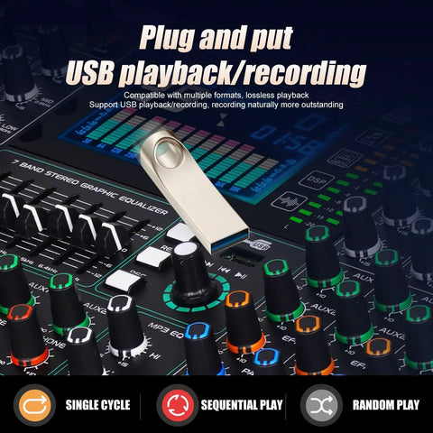 Close-up of 12 Channel Audio Mixer For Live Stage Performance With Independent Mute, Built In 7 Band Equalizer And 99 Reverb, showing USB input and control knobs with graphics display.