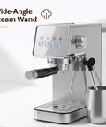 Compact Stainless Steel Espresso Maker With Auto Milk Frother And Steam Wand 20 Bar Pressure Quick Heating Coffee Machine, side view showing controls and steam wand.