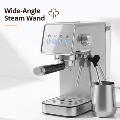 Compact Stainless Steel Espresso Maker With Auto Milk Frother And Steam Wand 20 Bar Pressure Quick Heating Coffee Machine, side view showing controls and steam wand.