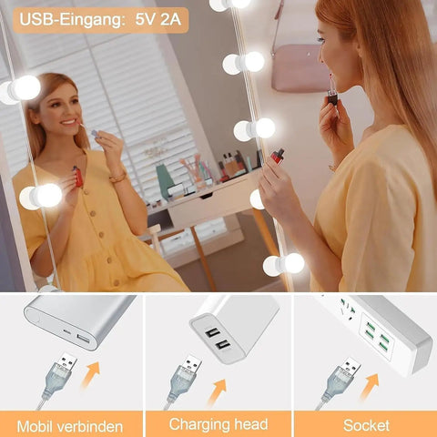 Woman using Hollywood Style LED Vanity Mirror Lights With 14 Dimmable Bulbs USB Powered Stick On Lights for makeup table