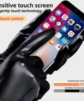 Buttery Soft Leather Gloves For Men With Touchscreen Compatible Fingertips And Plush Cashmere Lining Ride Ready Daily Driver Staple Solid Winter Go To Gear Gift Pick In Sleek Black using smartphone.