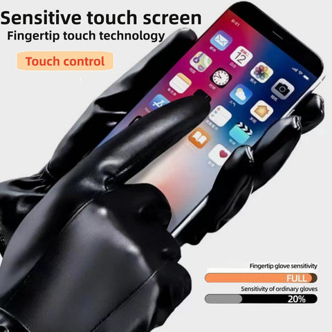 Buttery Soft Leather Gloves For Men With Touchscreen Compatible Fingertips And Plush Cashmere Lining Ride Ready Daily Driver Staple Solid Winter Go To Gear Gift Pick In Sleek Black using smartphone.