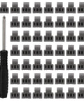 50 Piece 86 Degree Cabinet Hinge Restrictor Clips With Screwdriver, gray, displayed with screwdriver, arranged neatly