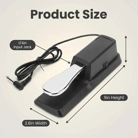 Sustain Foot Pedal For Keyboards And Digital Pianos With Polarity Switch Quarter Inch Input Plug Durable ABS Plastic And Alloy Shell Universal Pedal For Electronic Keyboards MIDI Synthesizers And Stage Pianos, showing dimensions and input jack.