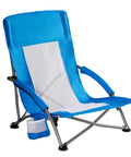 Low Profile Folding Beach Chair With Cup Holders And Carry Bag, Extra Wide Seat, Blue 600D Oxford, Mesh Back