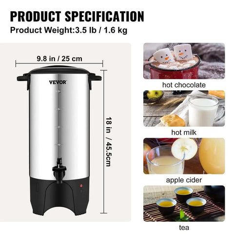 Heavy Duty Coffee Urn 50 Cup 7.5L Stainless Steel Dispenser With Step Discharge Spout For Mess Free Pour, 1000W 110V Electric Brewer
